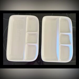 Crate And Barrel Bret Bortner Ceramic TV Tray Divided Plates White Set Of 2